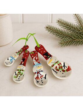 Pier 1 Christmas Snowman Measuring Spoon Set Ceramic Hand Painted Holiday Baking